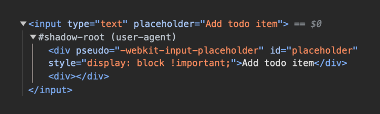 Screenshot of the Chrome Dev Tools depicting the user agent shadow root of an input element with type text. The shadow root has two div elements, one for rendering placeholder text and the other for accepting user input.